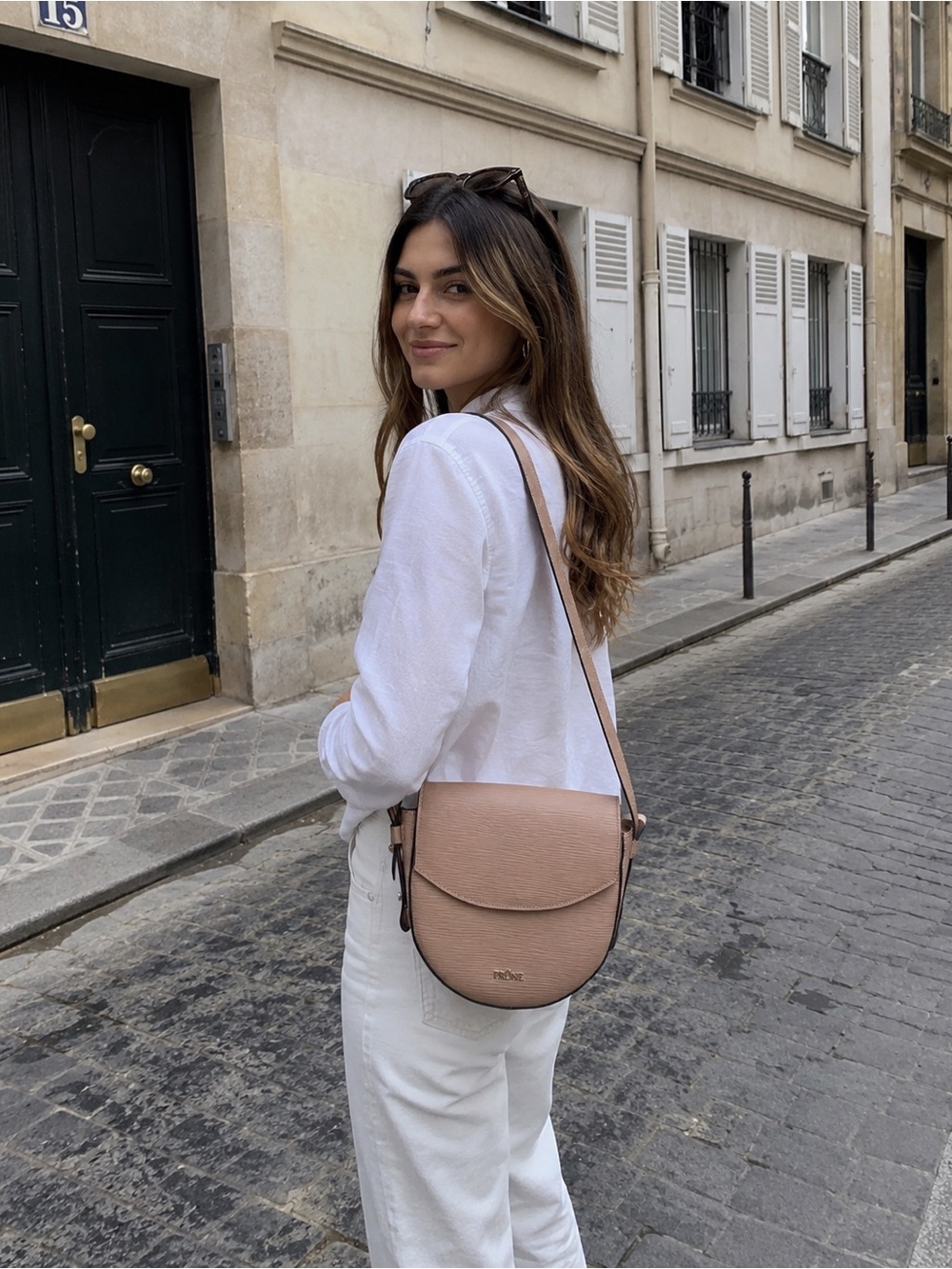 PRÜNE Blush Pink Textured Crossbody Saddle Bag Like New